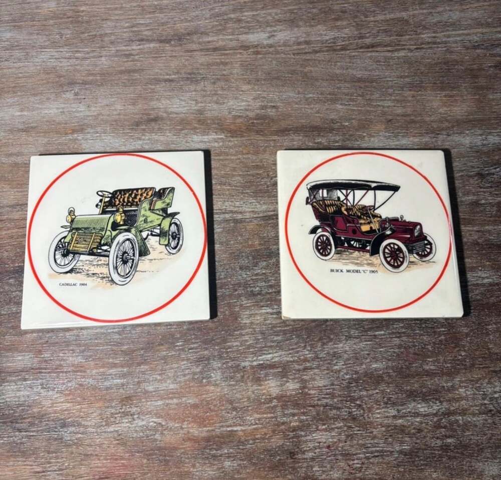 Hyalyn Vintage Antique Car Ceramic Tiles Set of 2 Cadillac and Buick